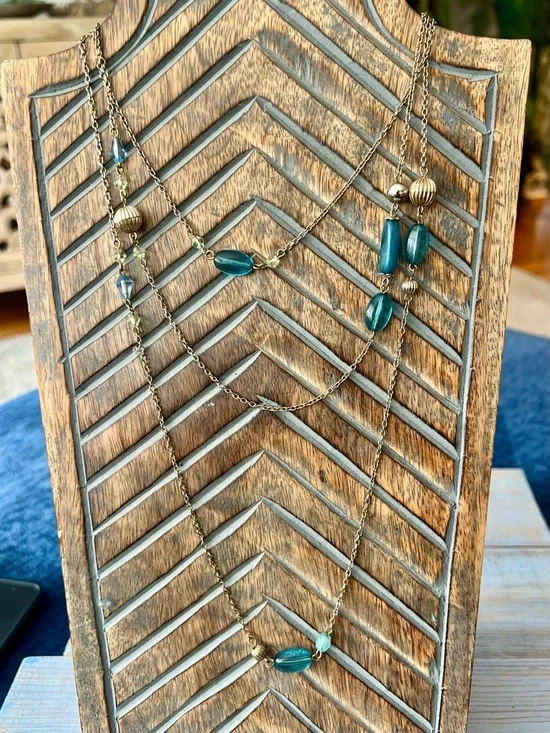 2pc Necklace Set Teal Beaded Long, Multicolor Double Strand, Boho Festival - Picture 3 of 16